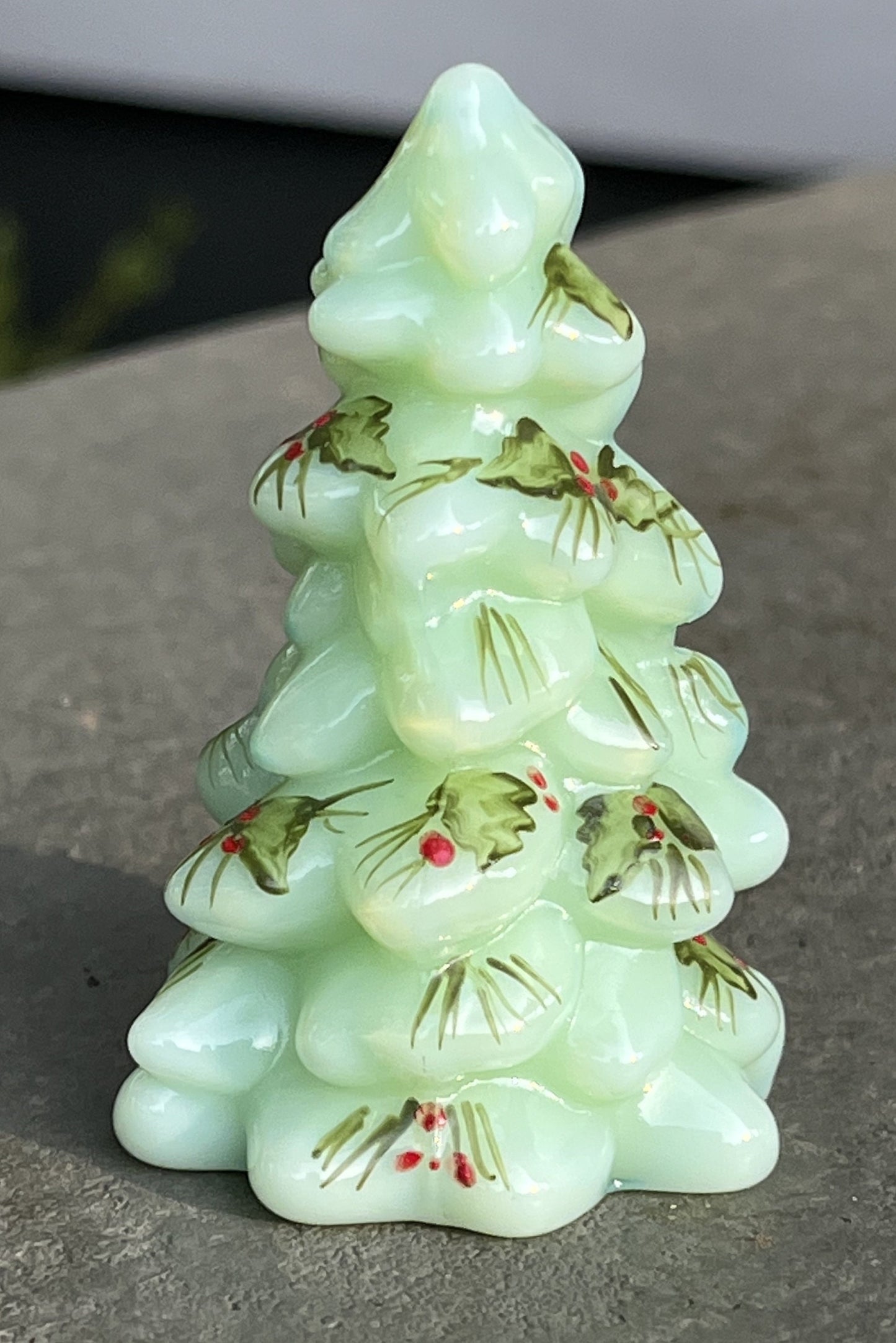Jadeite Glass Mini Pine Tree with Holly Signed