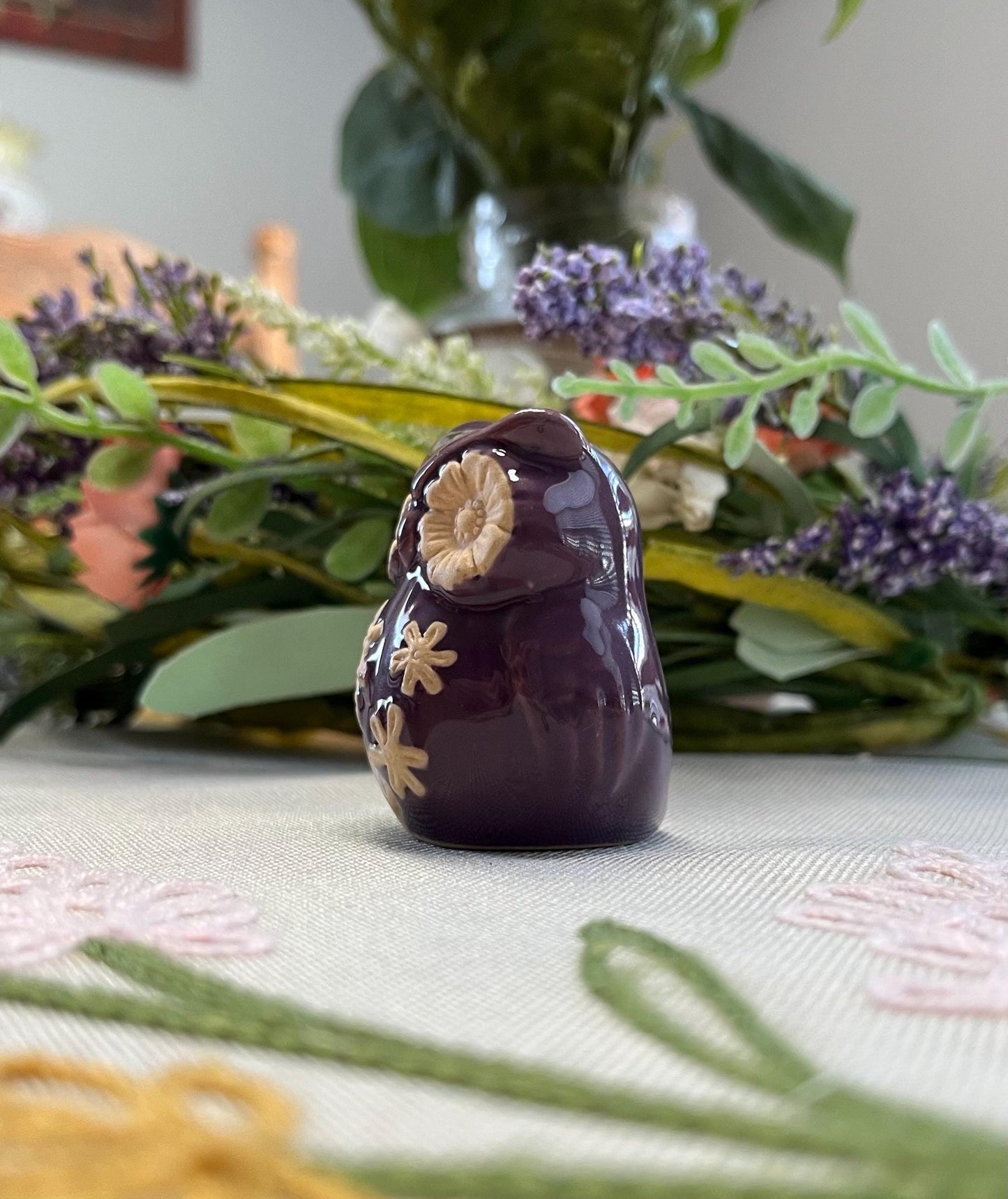 Mini Purple Owl Salt or Pepper Shaker Floral Ceramic