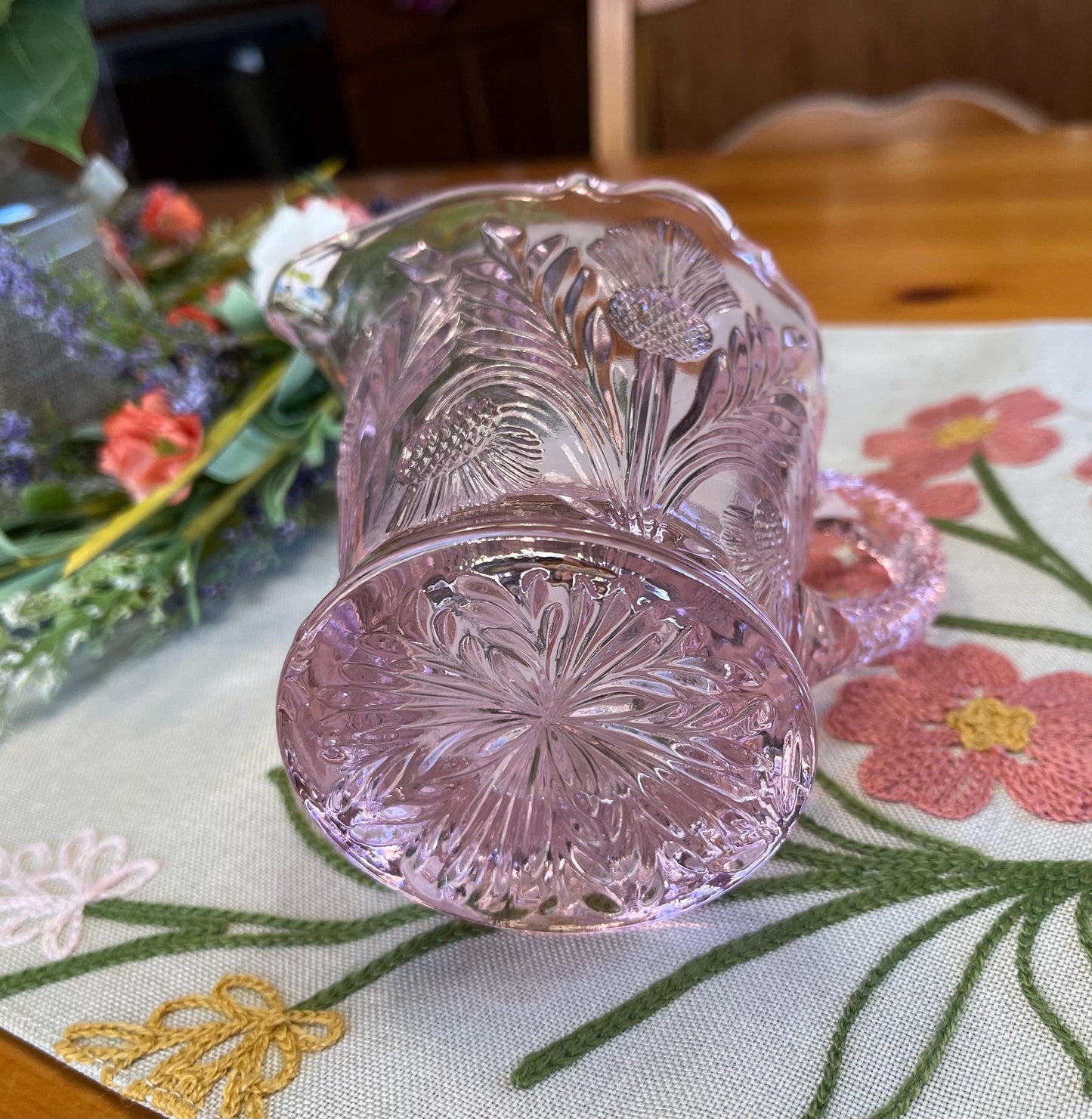 Rose Pink Glass Creamer Thistle Pattern