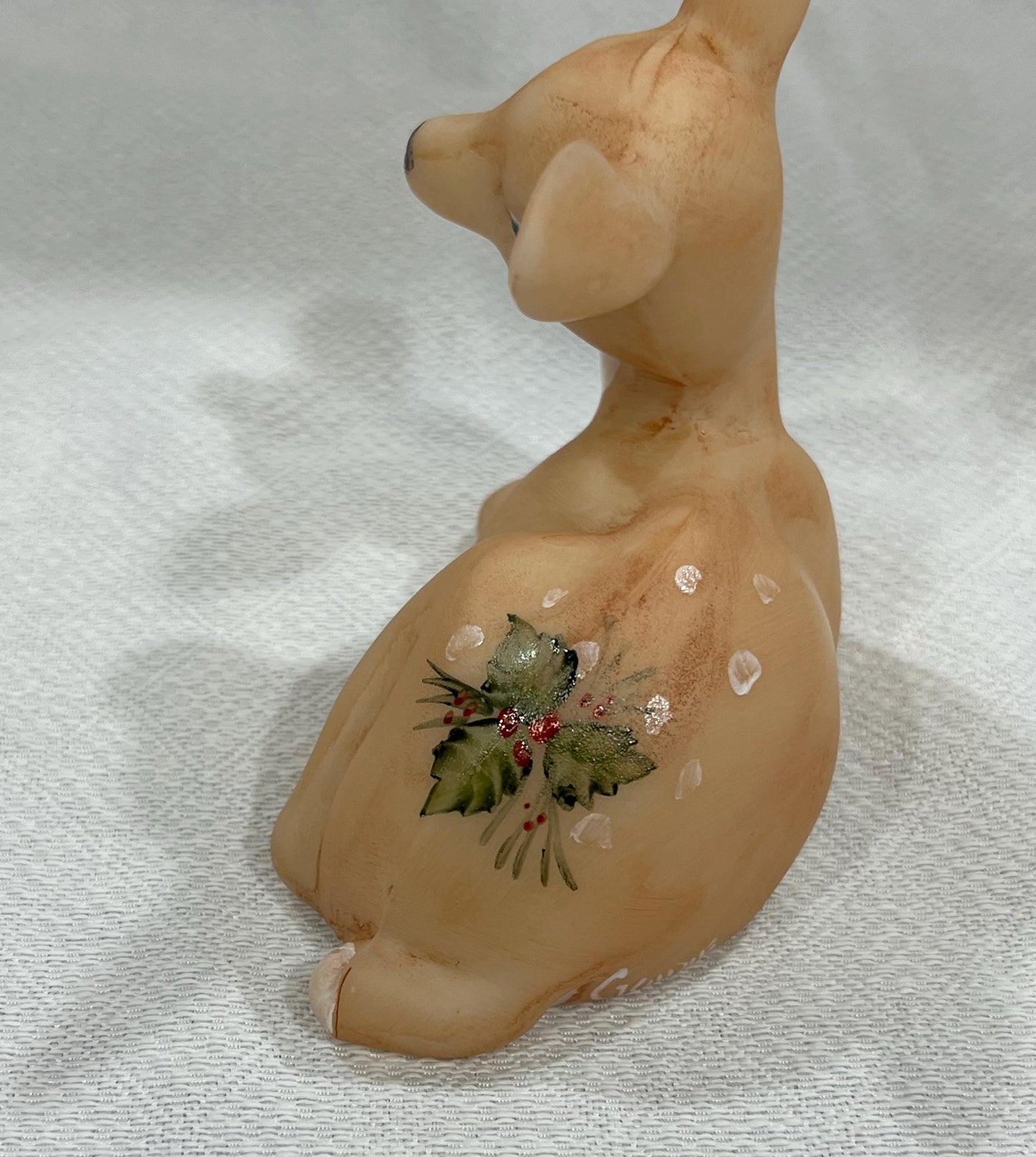 Glass Fawn Deer Lying Down Hand Painted Holly Leaves