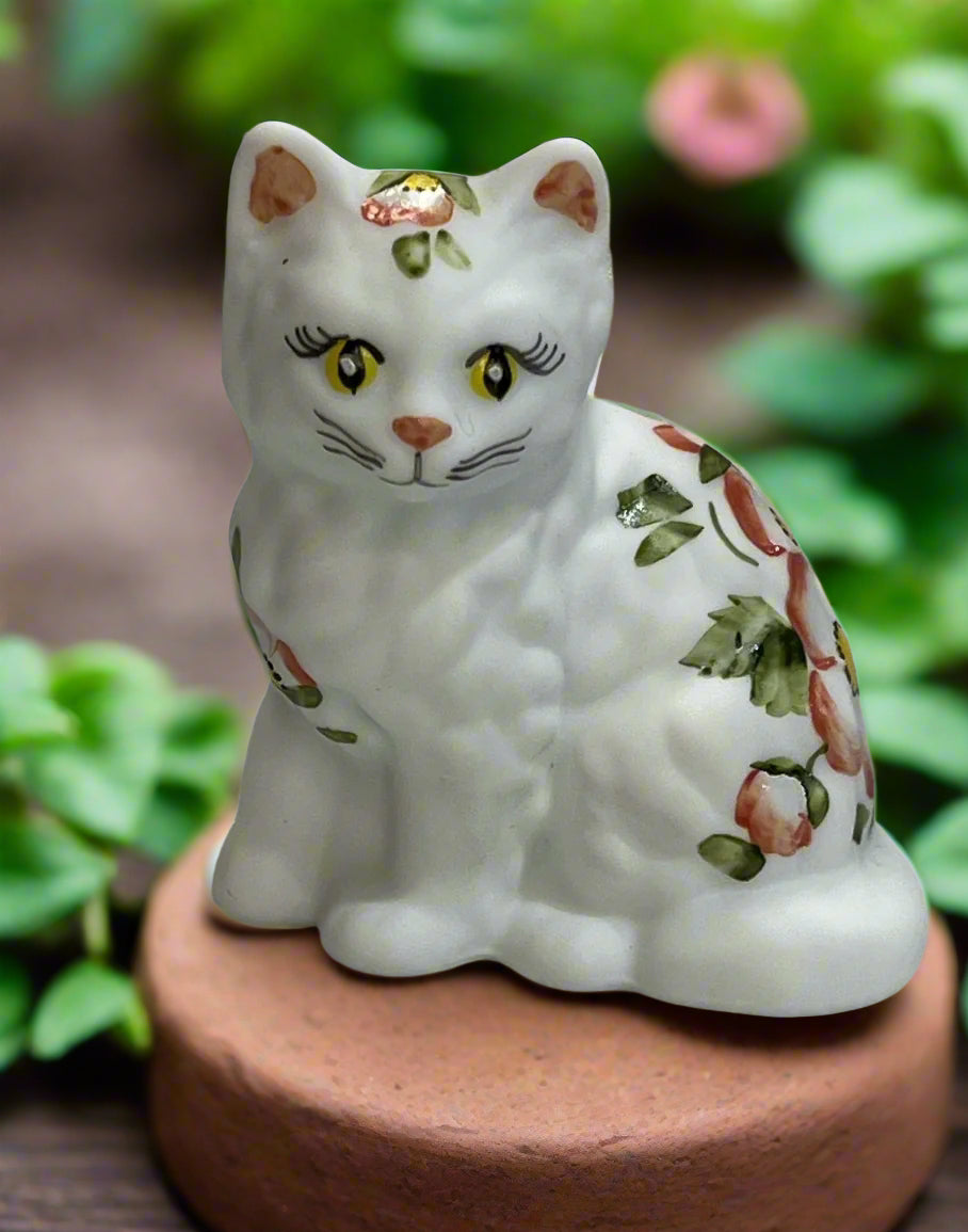 Sitting Cat Figurine Satin Glass Kitten Hand Painted Flowers