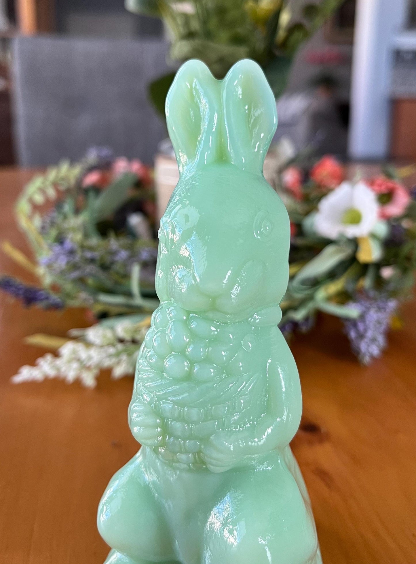 Jadeite Glass Standing Bunny Rabbit Holding a Basket
