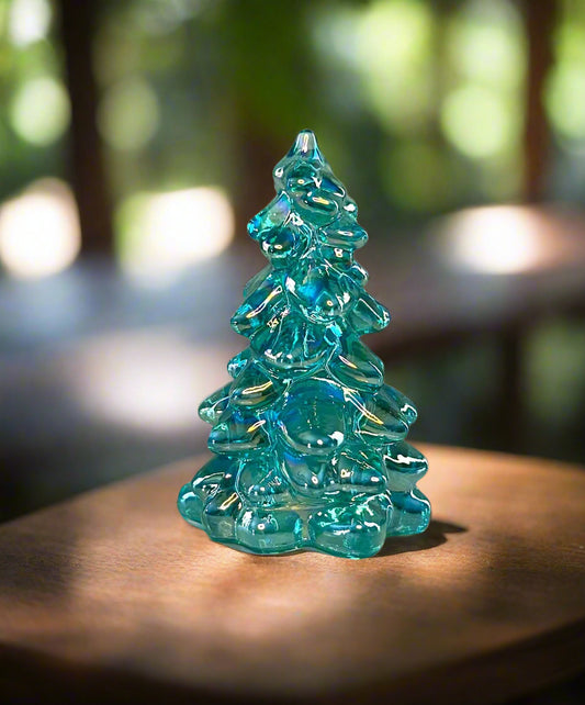 Mini Teal Carnival Glass Pine Tree Figurine 2.75"