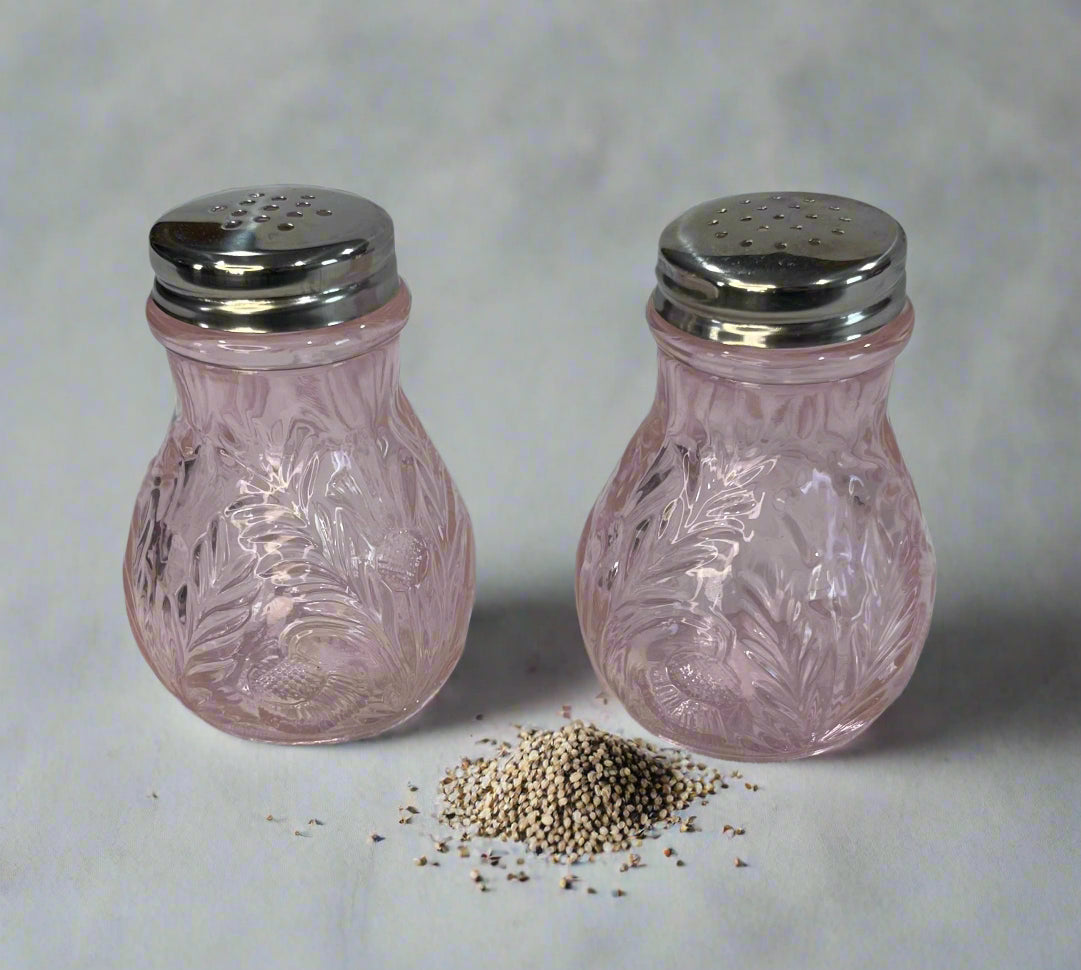 Rose Pink Salt & Pepper Art Glass Thistle Pattern