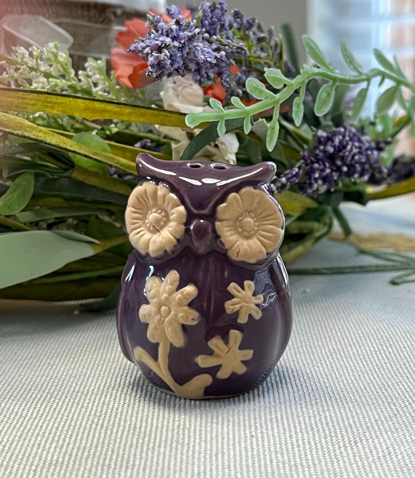 Mini Purple Owl Salt or Pepper Shaker Floral Ceramic