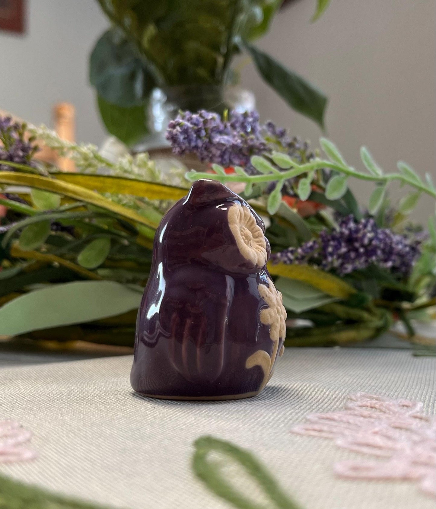 Mini Purple Owl Salt or Pepper Shaker Floral Ceramic