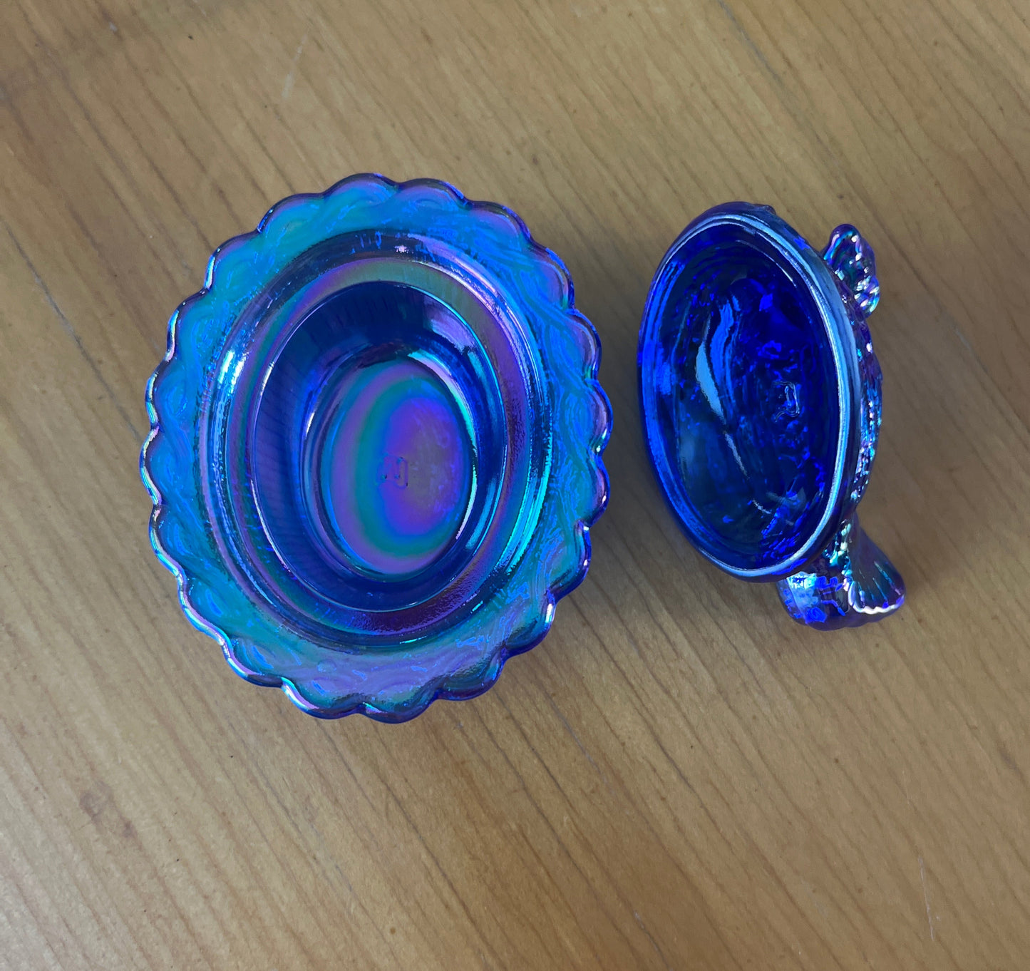 Mini Hen on Basket Cobalt Carnival Glass 2.75" Salt Cellar