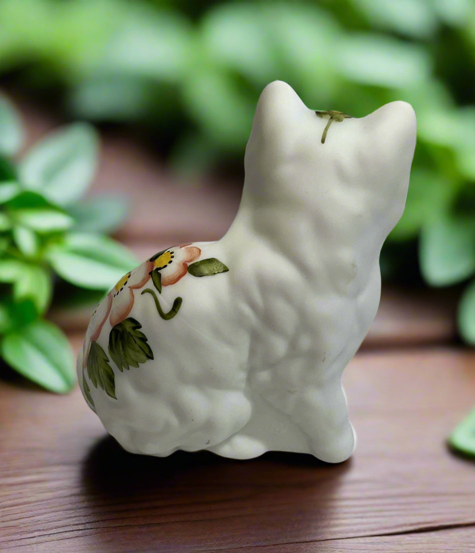 Sitting Cat Figurine Satin Glass Kitten Hand Painted Flowers