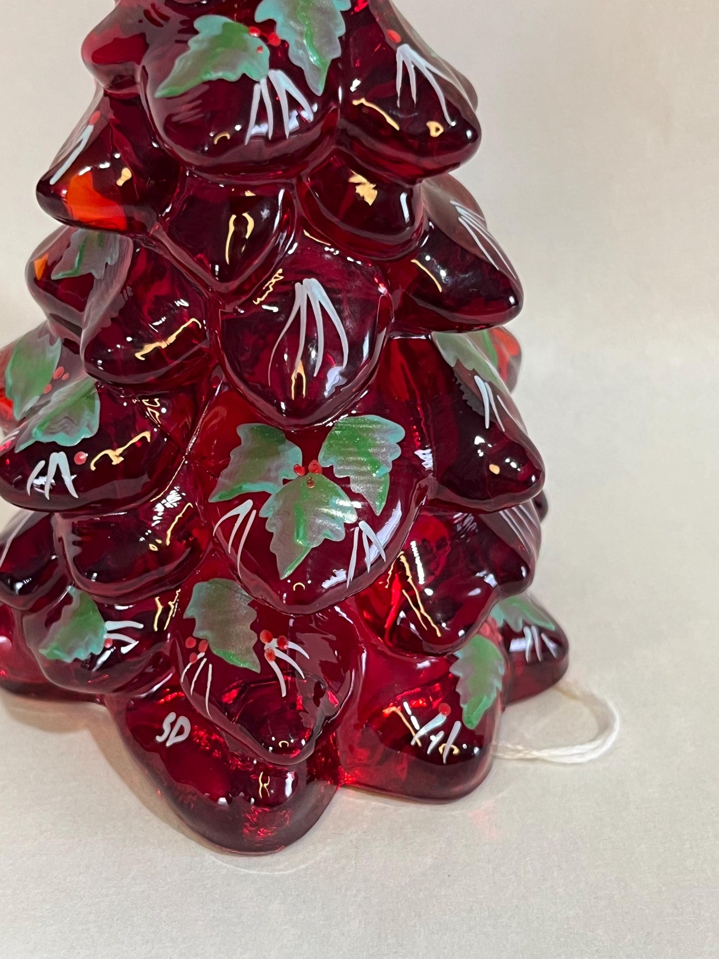 Ruby Red Glass Pine Tree with Hand Painted Holly 5.5"