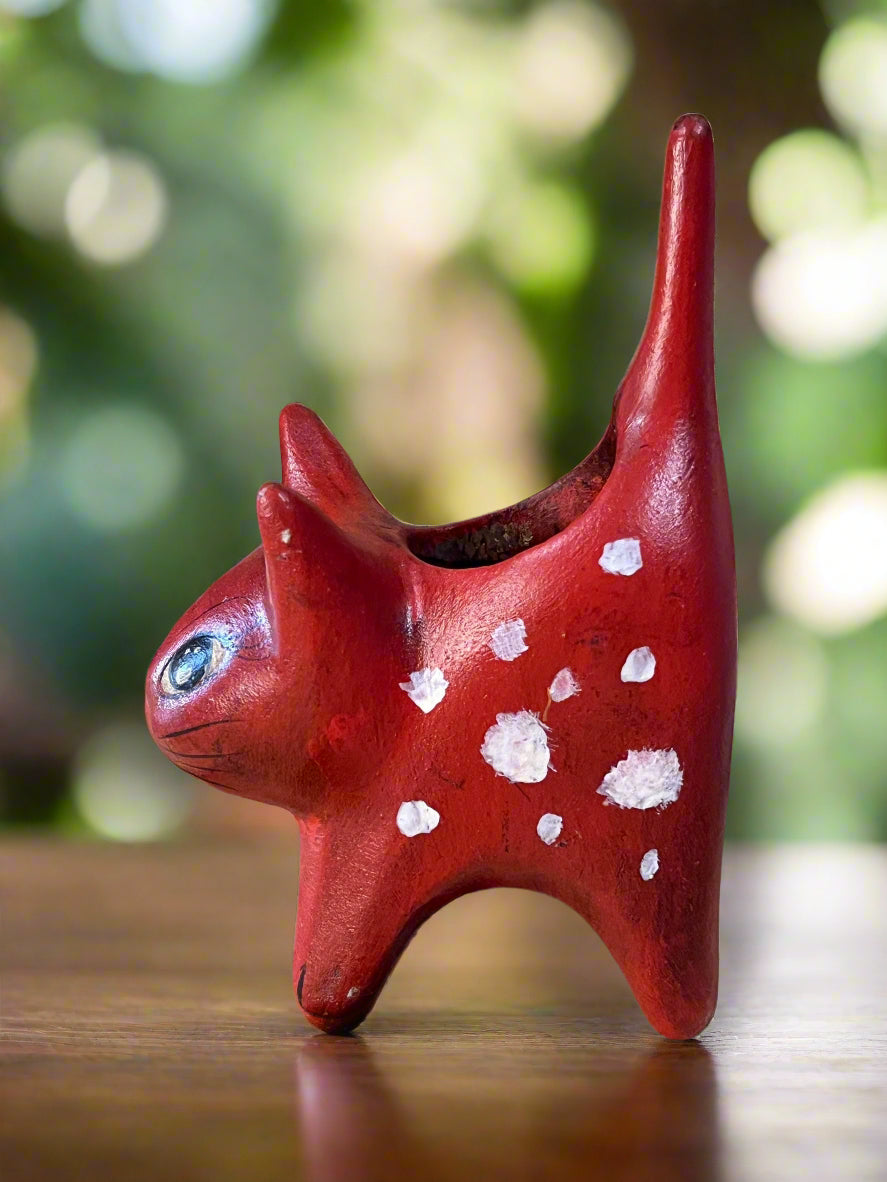 Clay Kitten Cat Flower Pot Hand Made Folk Art