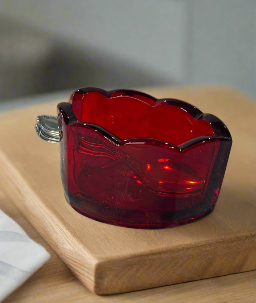 Ruby Red Glass Spoon Rest Spoon Holder Scalloped Edge