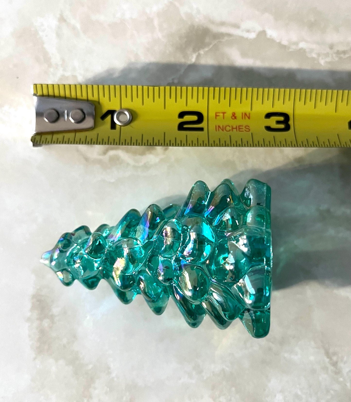 Mini Teal Carnival Glass Pine Tree Figurine 2.75"