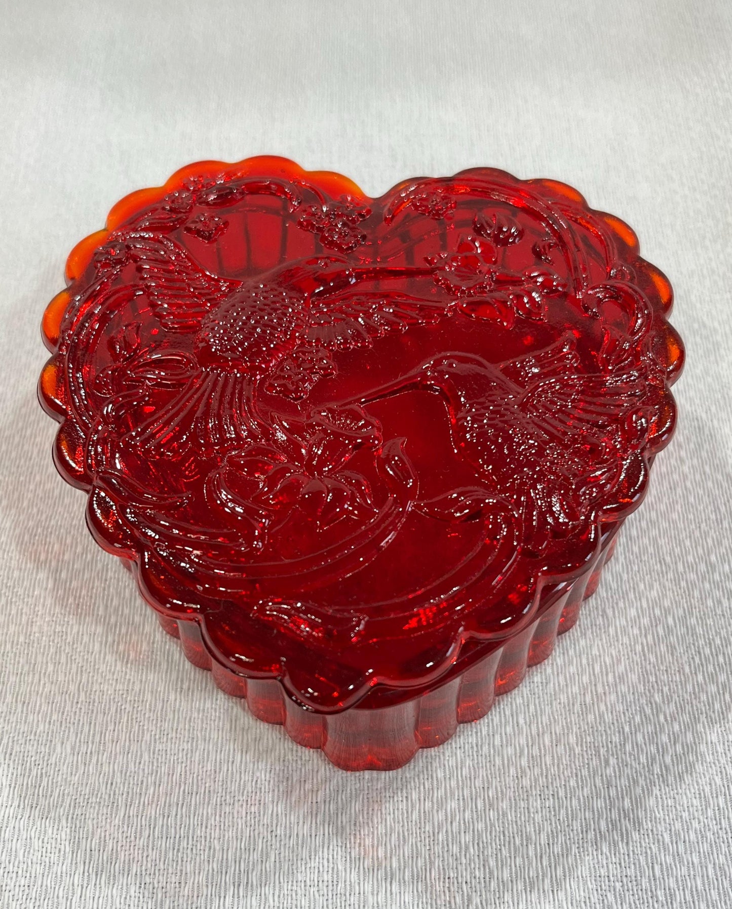 Large Ruby Red Glass Heart Box with Hummingbird and Flowers
