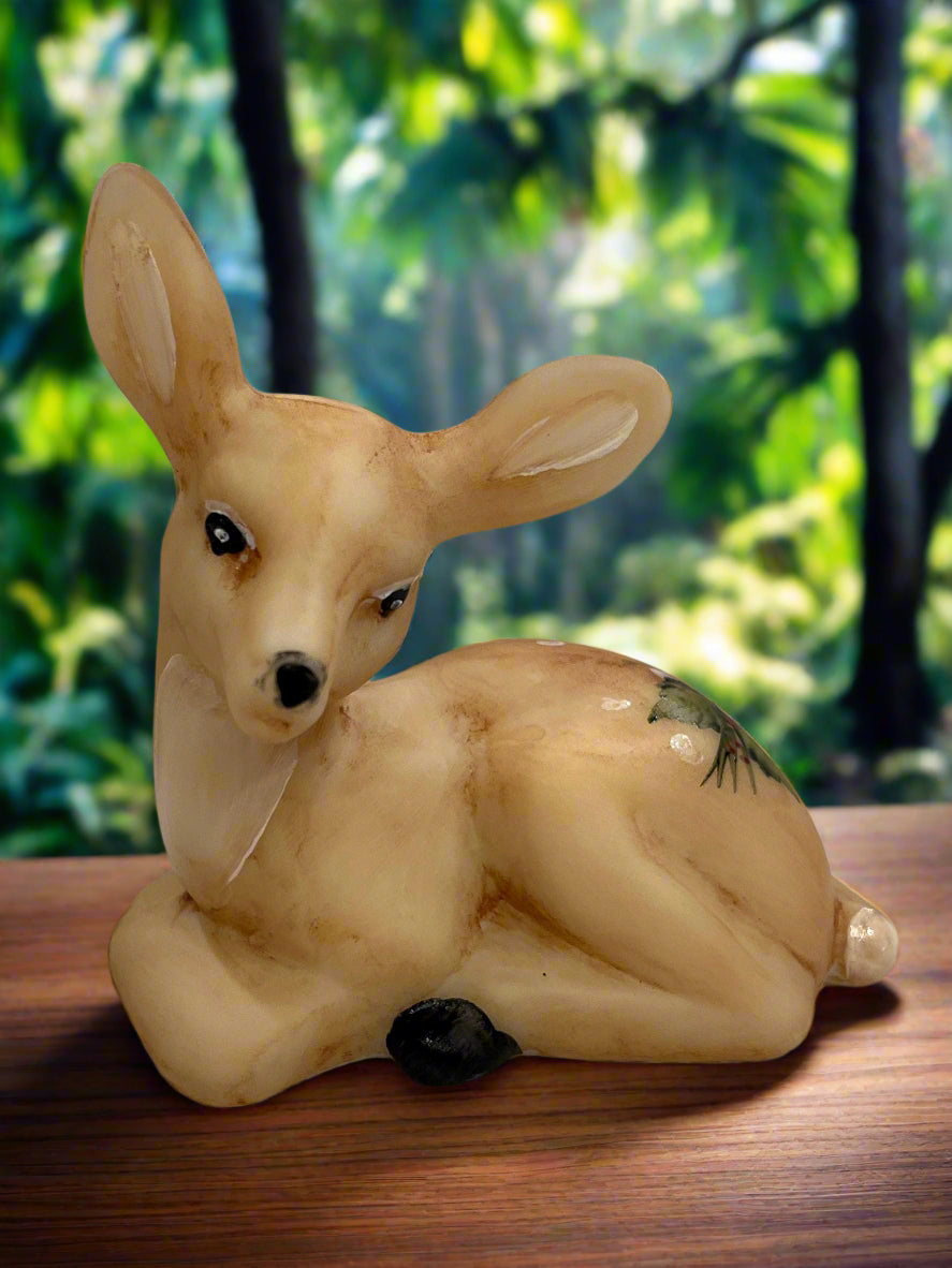 Glass Fawn Deer Lying Down Hand Painted Holly Leaves