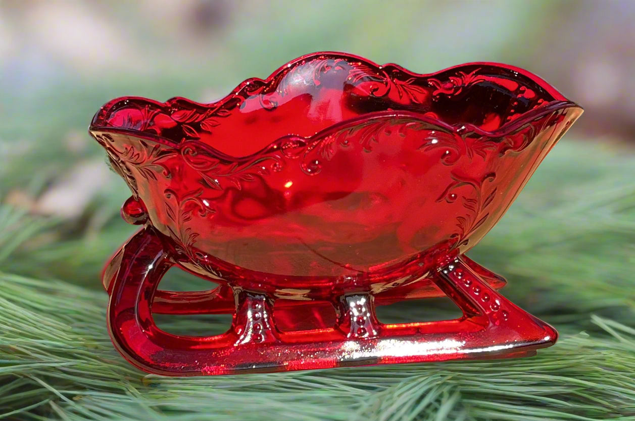 Large Ruby Red Glass Christmas Sleigh Centerpiece