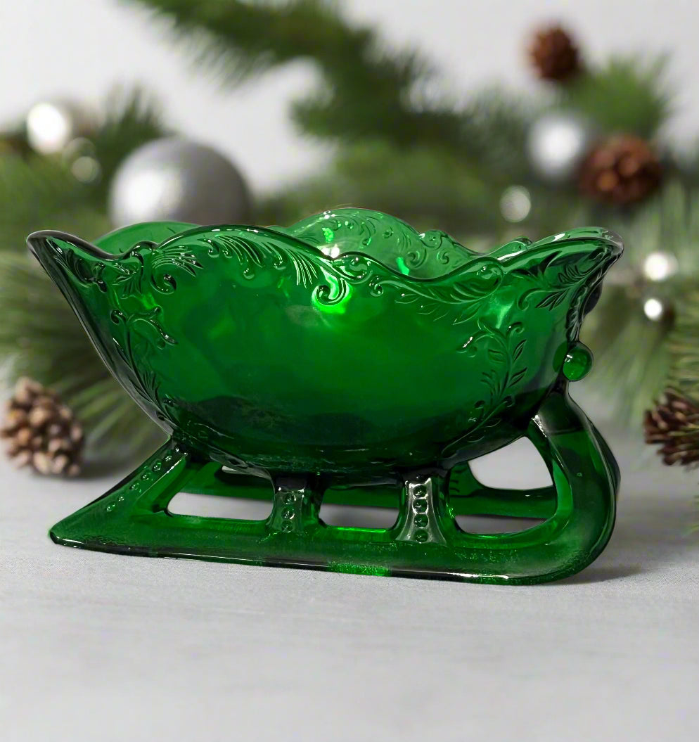 Large Glass Santa Sleigh Hunter Green