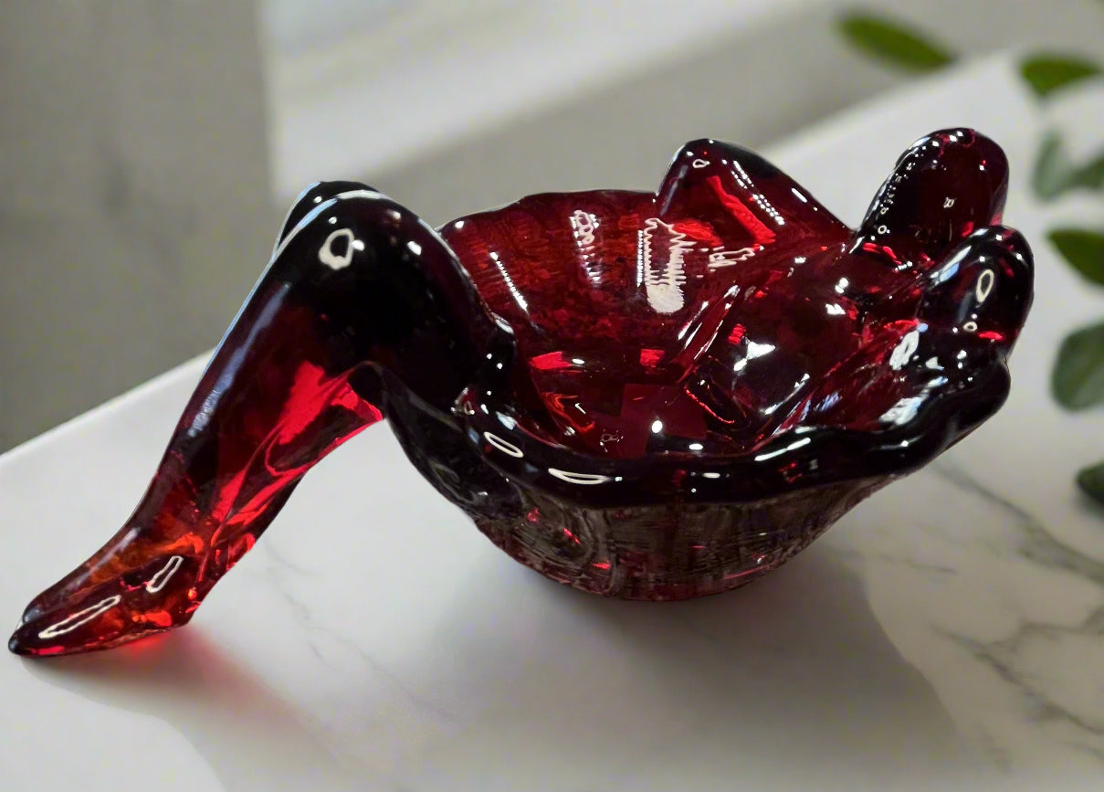 Ruby Red Glass Bathing Beauty Soap or Trinket Dish Art Nouveau Style