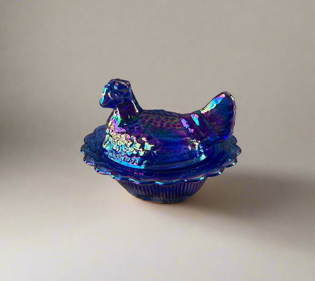 Mini Hen on Basket Cobalt Carnival Glass 2.75" Salt Cellar