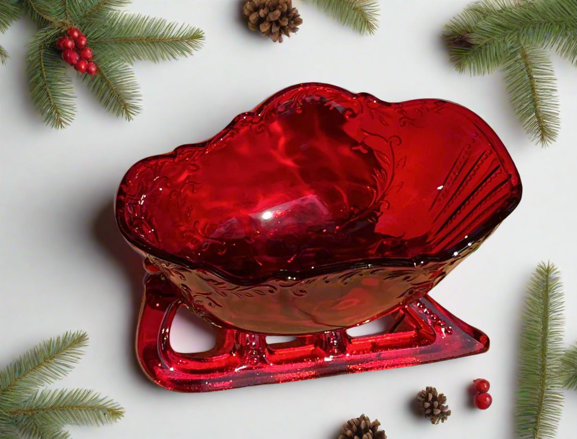 Large Ruby Red Glass Christmas Sleigh Centerpiece