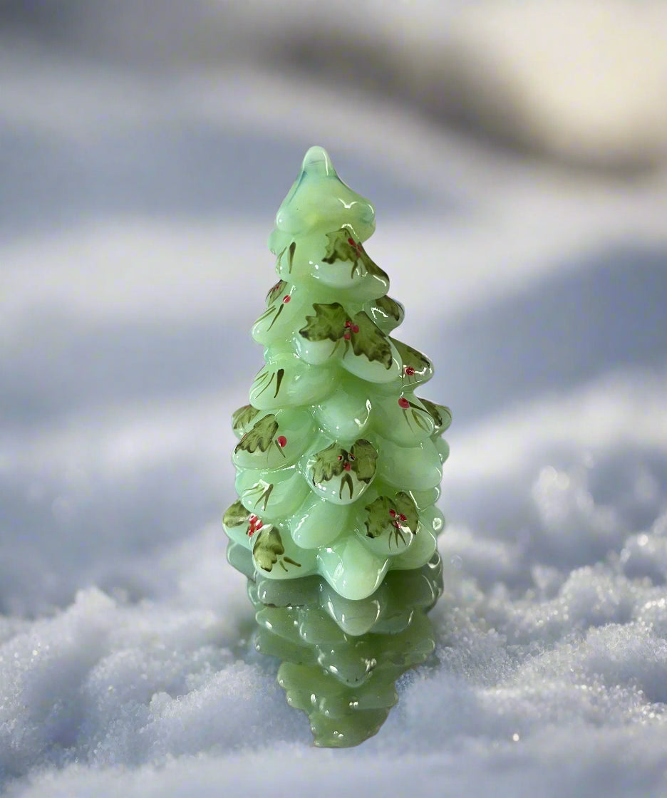 Jadeite Glass Mini Pine Tree with Holly Signed
