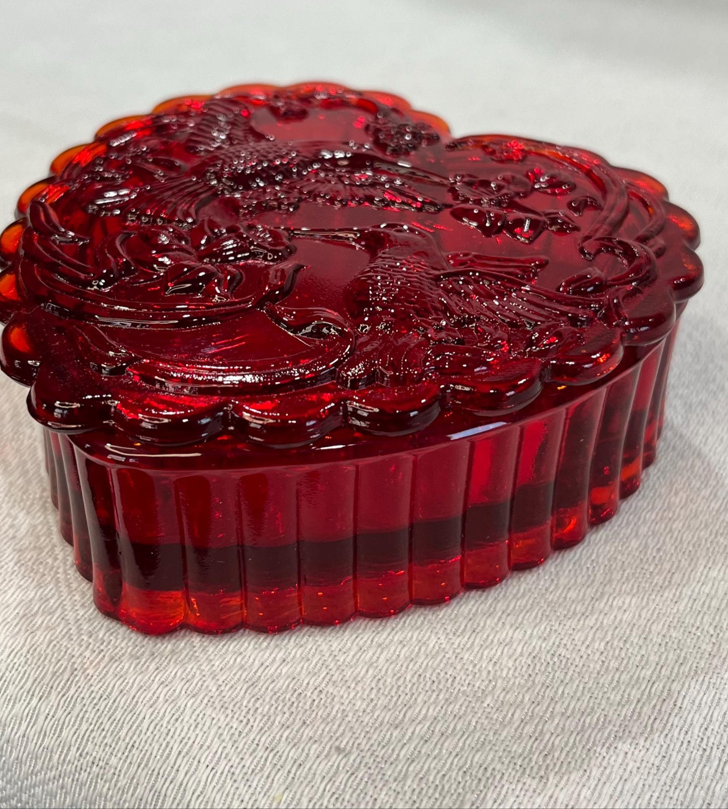 Large Ruby Red Glass Heart Box with Hummingbird and Flowers