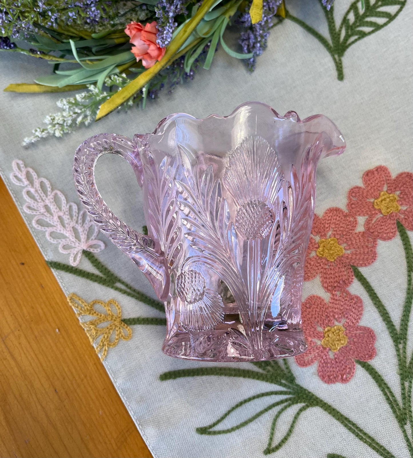 Rose Pink Glass Creamer Thistle Pattern