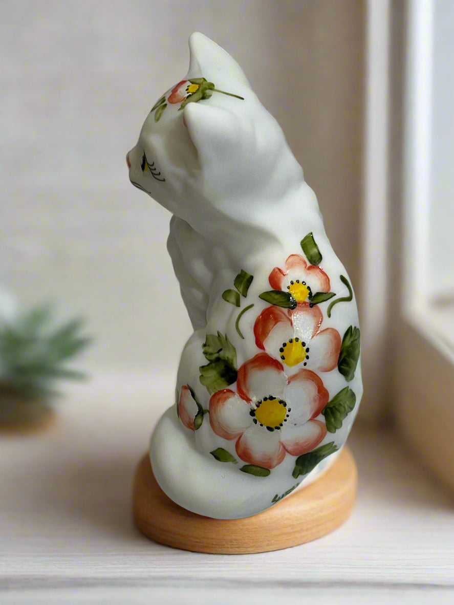 Sitting Cat Figurine Satin Glass Kitten Hand Painted Flowers