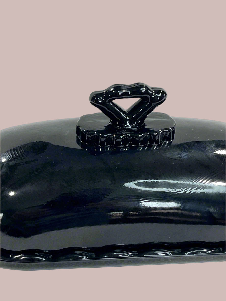 Black Glass Stick Butter Dish with Cover Anna Pattern