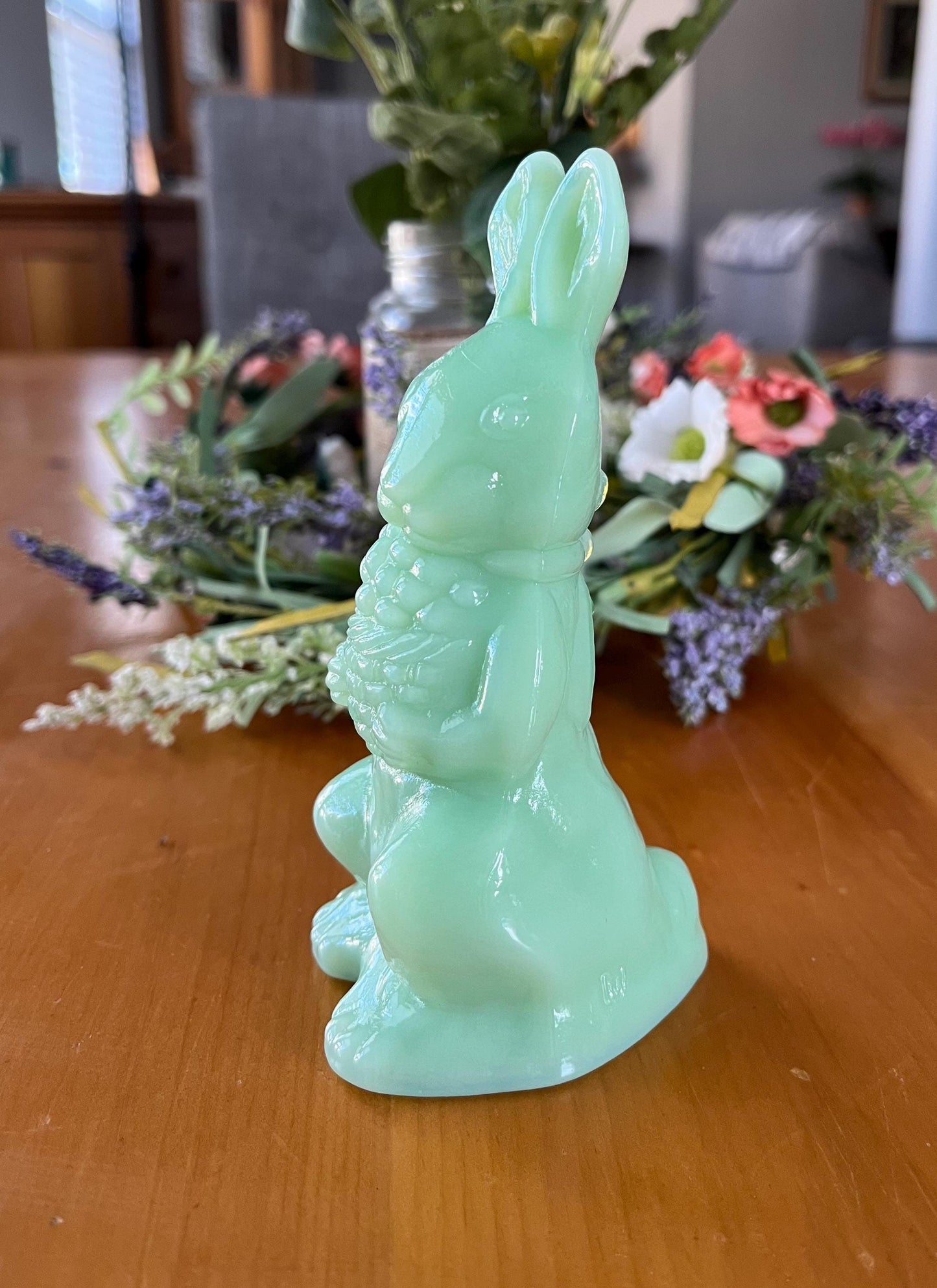 Jadeite Glass Standing Bunny Rabbit Holding a Basket