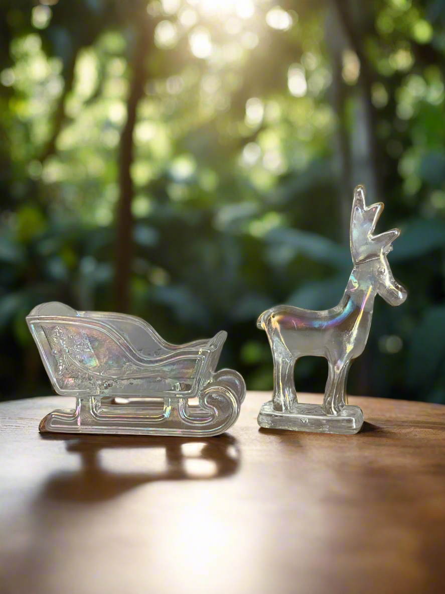 Crystal Carnival Glass Sleigh and Reindeer Mini Figurine Set