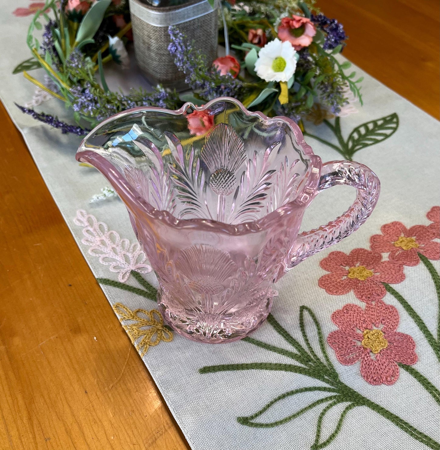 Rose Pink Glass Creamer Thistle Pattern
