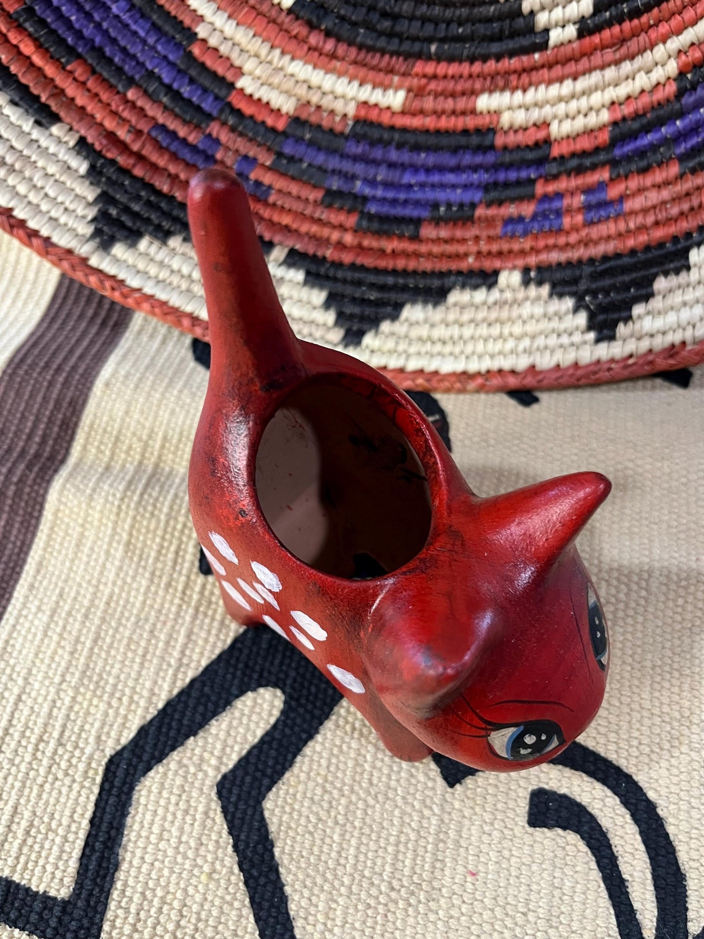 Clay Kitten Cat Flower Pot Hand Made Folk Art