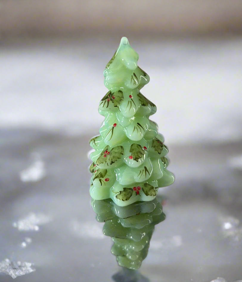 Jadeite Glass Mini Pine Tree with Holly Signed