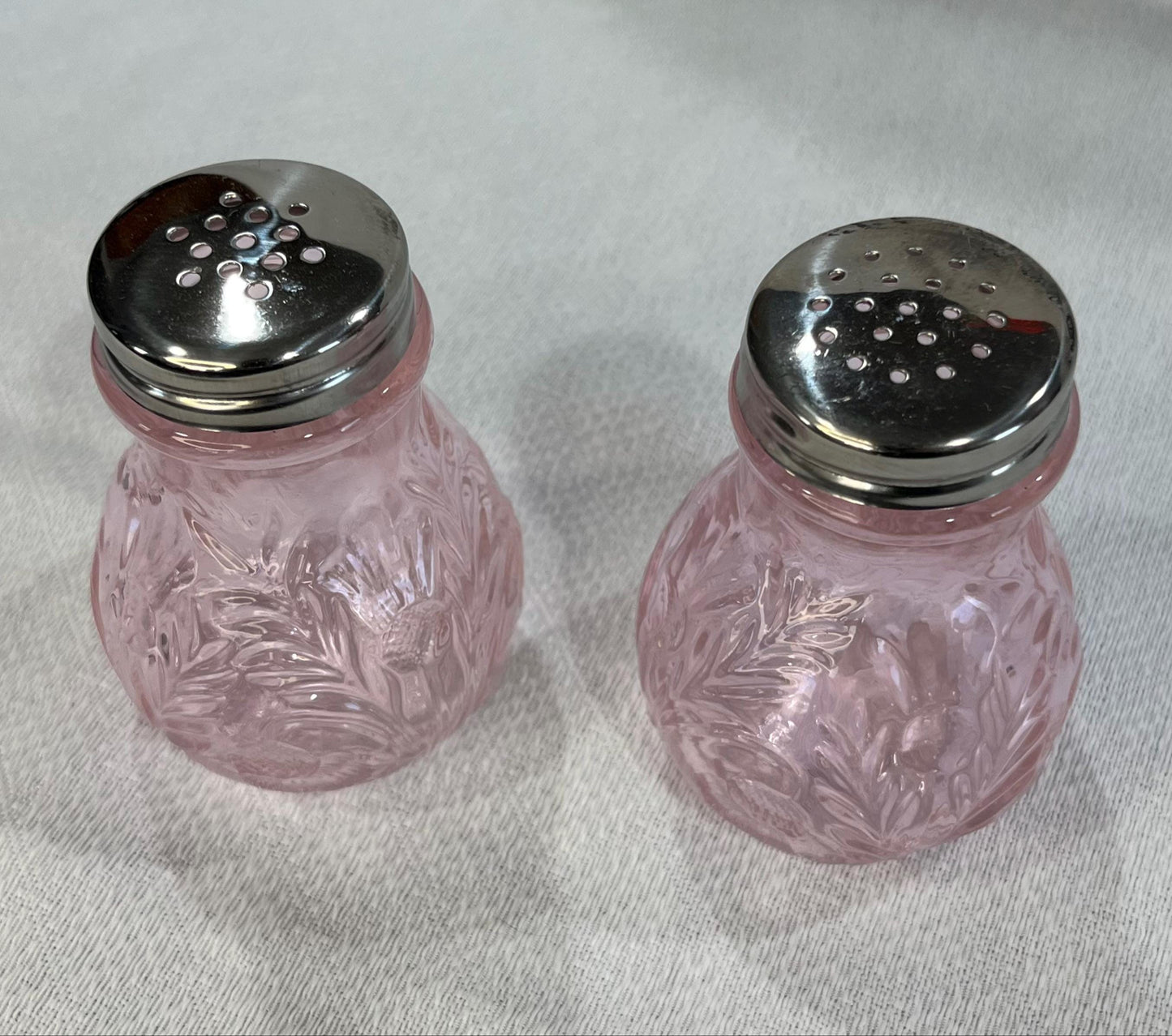 Rose Pink Salt & Pepper Art Glass Thistle Pattern