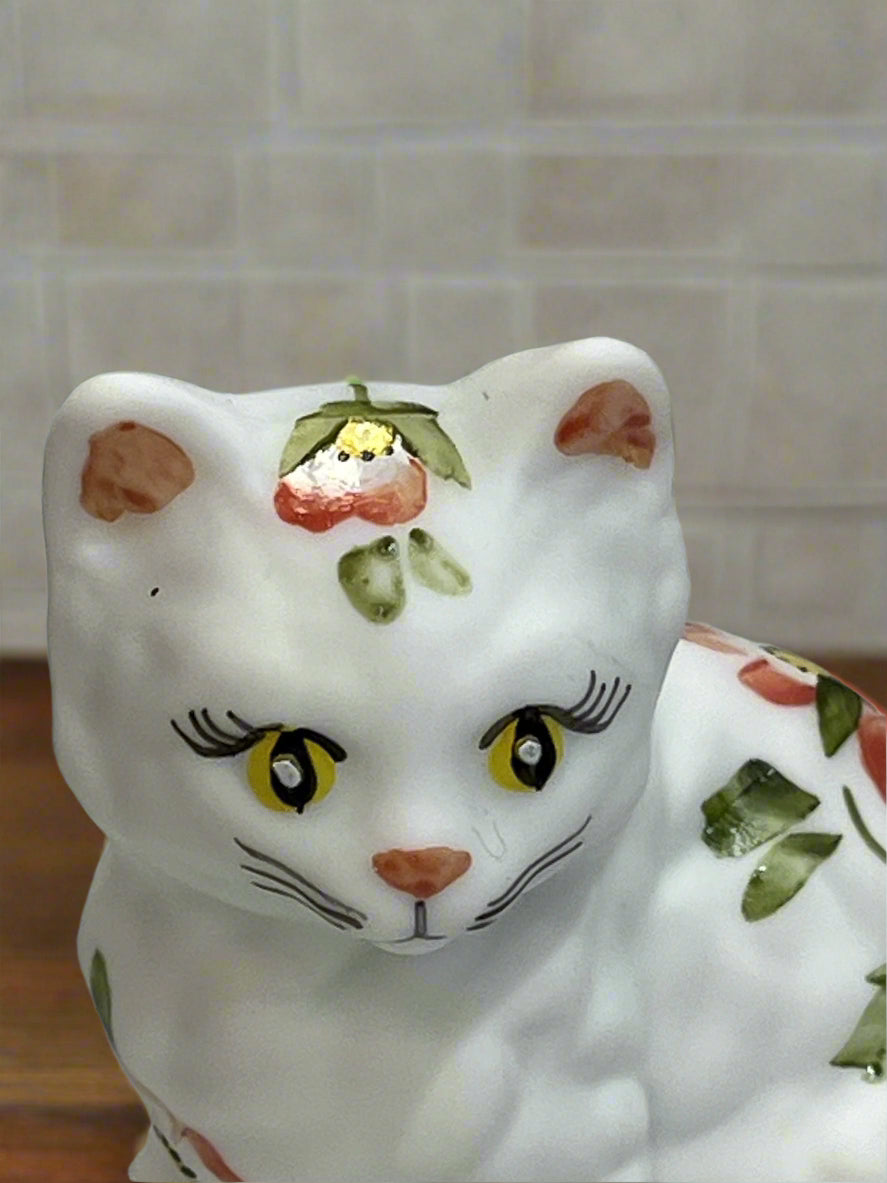 Sitting Cat Figurine Satin Glass Kitten Hand Painted Flowers