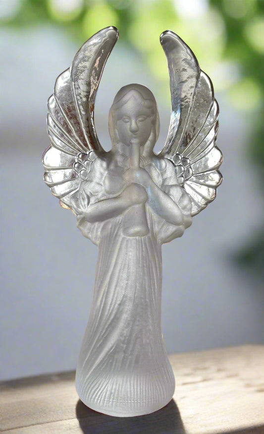 Large Frosted Crystal Angel Holding a Trumpet 8" Lefton Vtg
