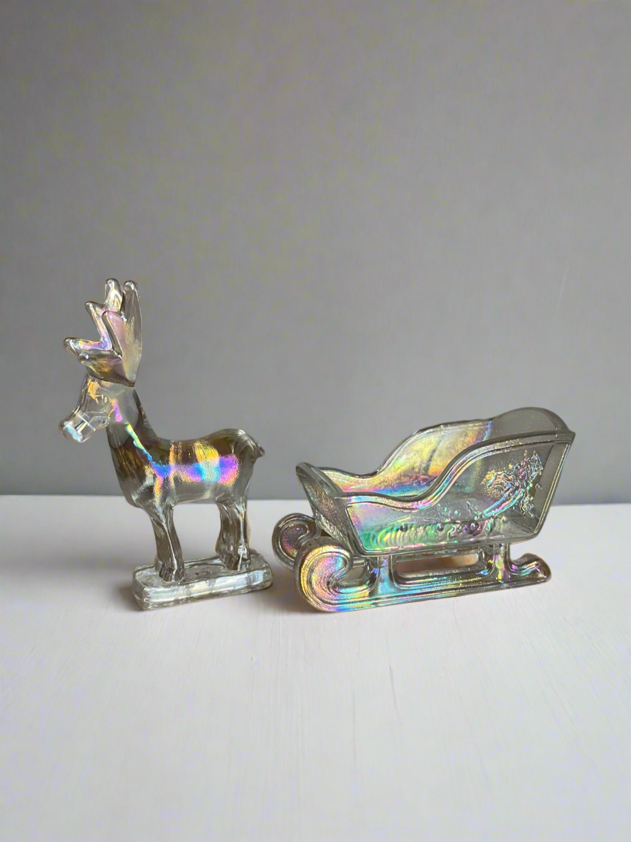 Crystal Carnival Glass Sleigh and Reindeer Mini Figurine Set