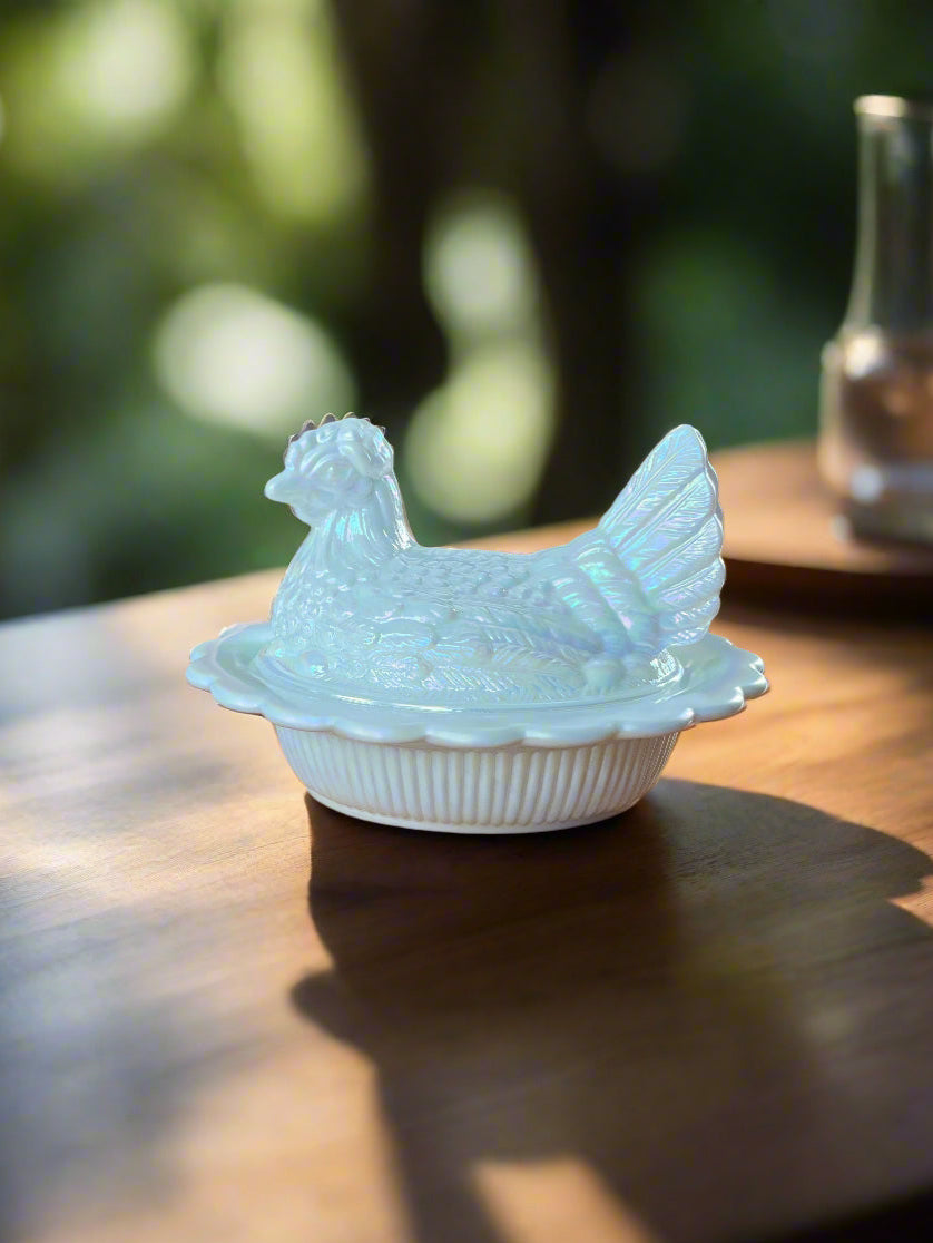 Hen on Nest Covered Dish 6" Milk White Carnival Glass