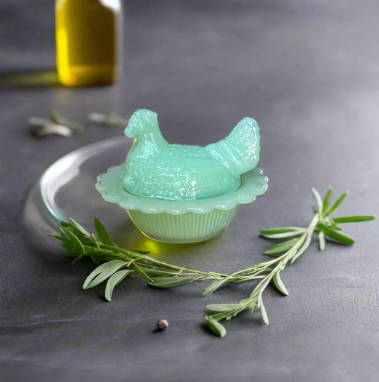 Mini Hen on Basket Jadeite Green Glass 2.75" Salt Cellar Trinket Dish