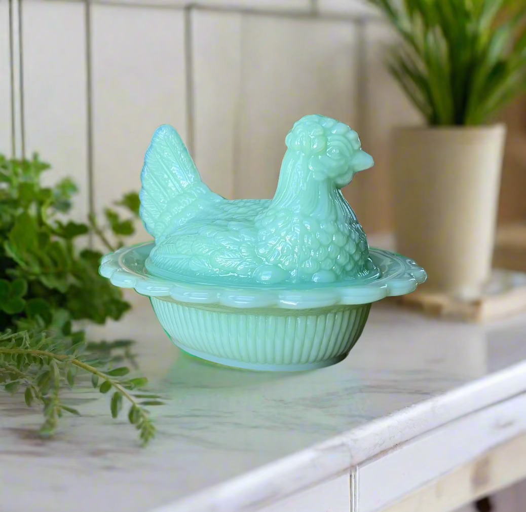 Jadeite Green Glass Hen on Basket Nest Covered Dish 6"
