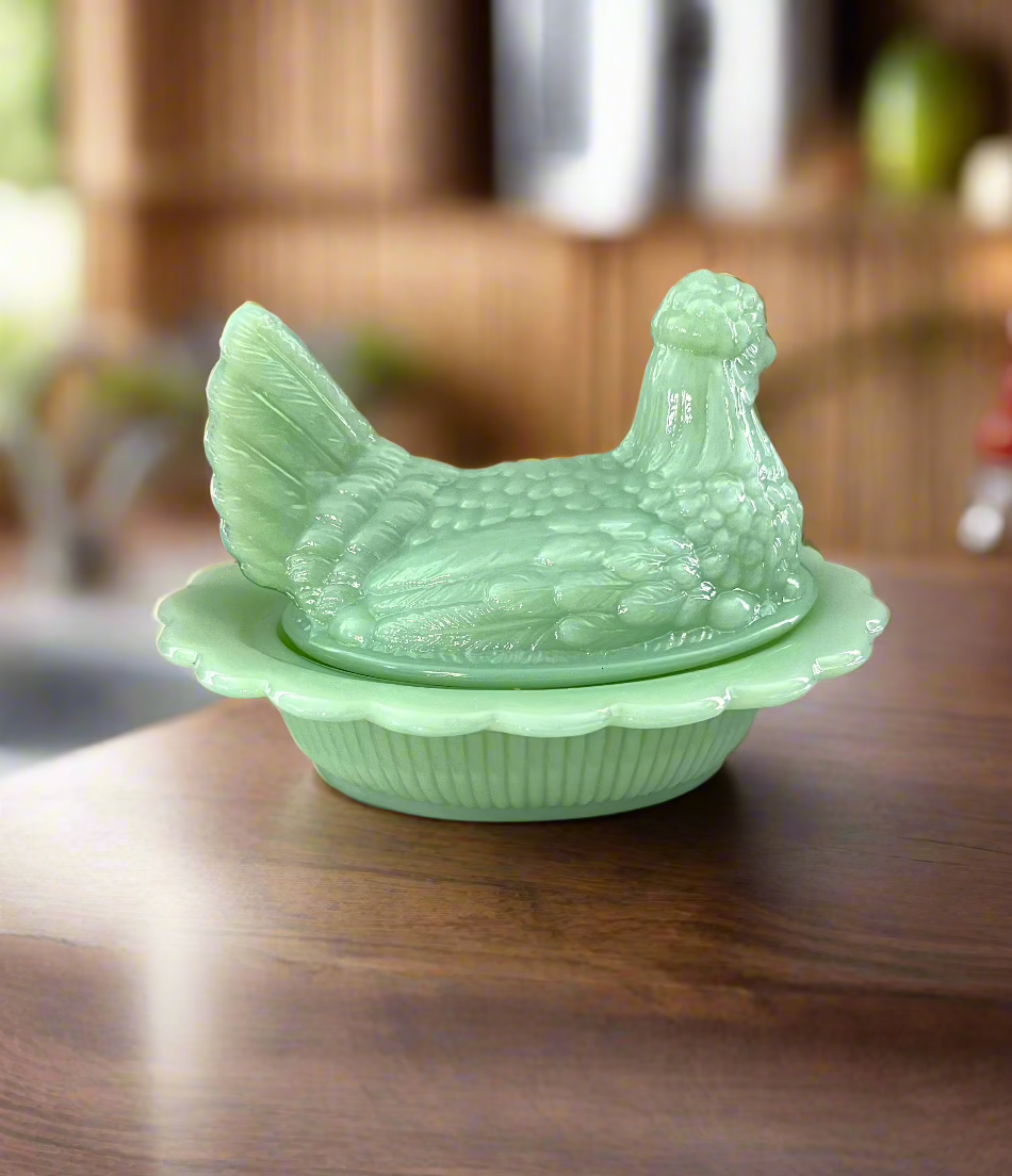 Jadeite Green Glass Hen on Basket Nest Covered Dish 6"