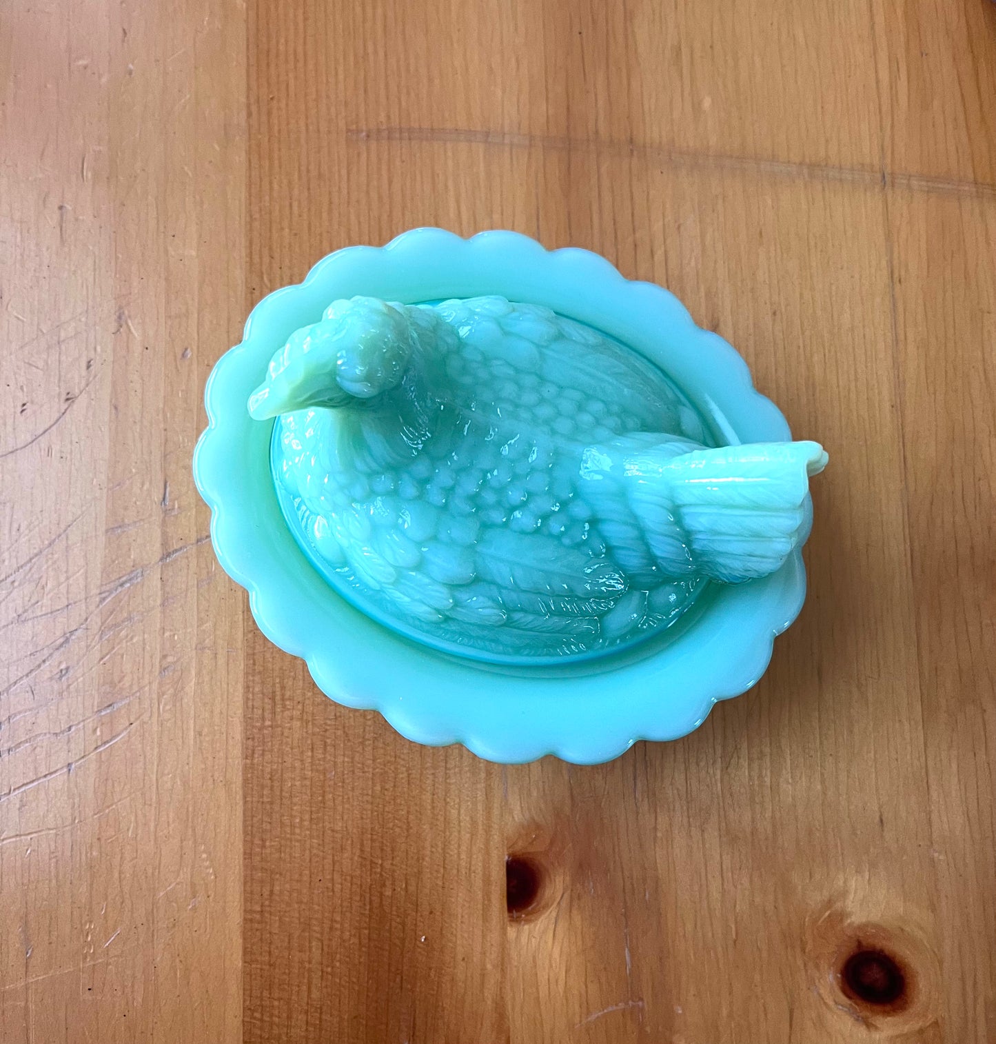 Jadeite Green Glass Hen on Basket Nest Covered Dish 6"