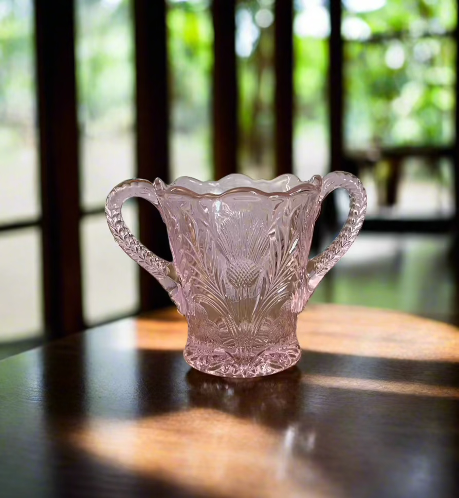 Rose Pink Glass Sugar Bowl Thistle Pattern