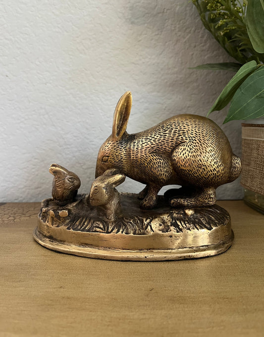 Heavy Brass Rabbit and Kits Statuette