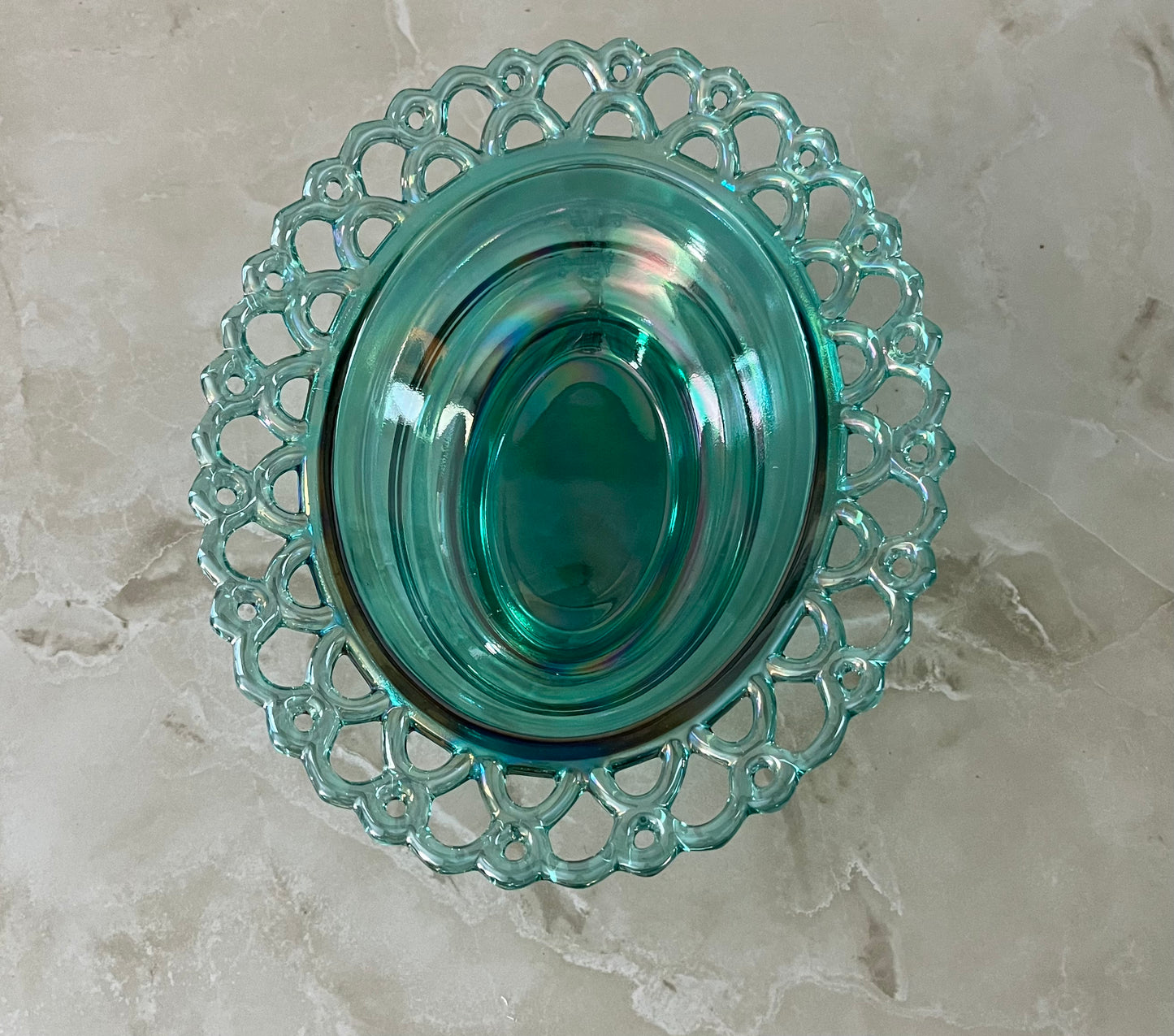 Large Teal Carnival Glass Turkey on Basket Covered Dish