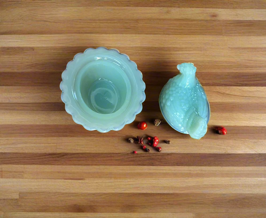 Mini Hen on Basket Jadeite Green Glass 2.75" Salt Cellar Trinket Dish
