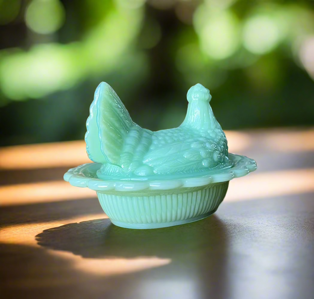 Jadeite Green Glass Hen on Basket Nest Covered Dish 6"