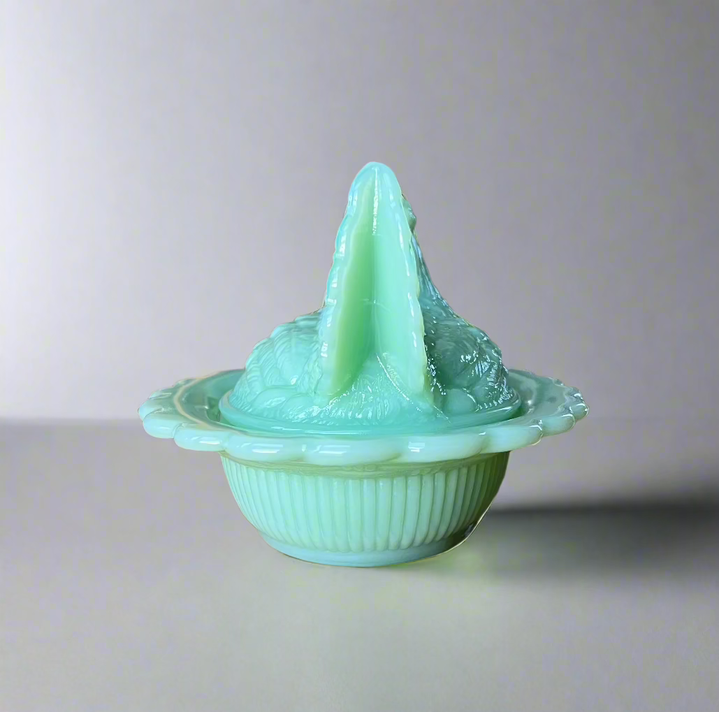 Jadeite Green Glass Hen on Basket Nest Covered Dish 6"