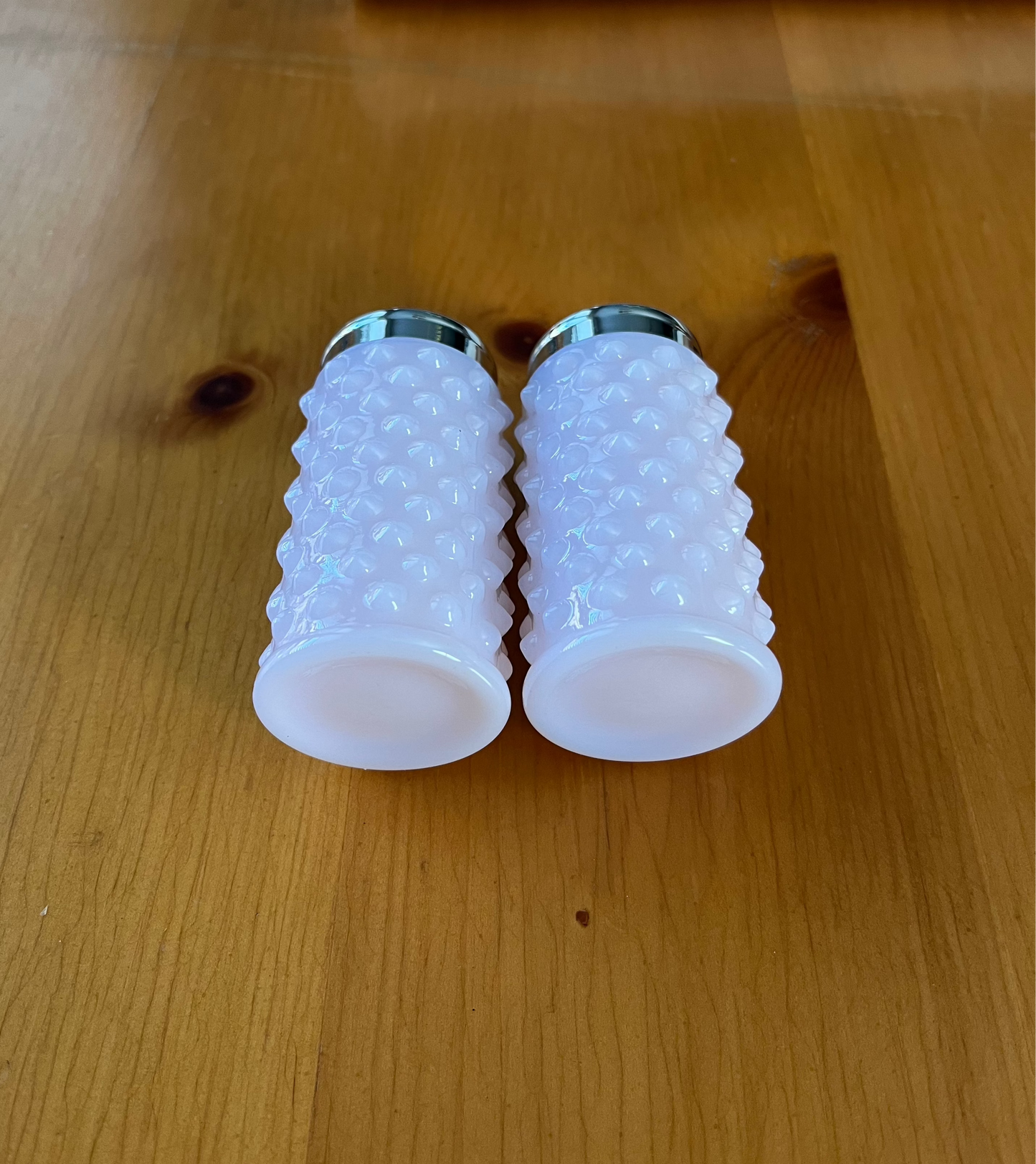 Hobnail Glass Salt & Pepper Shakers Pink Crown Tuscan Gigi