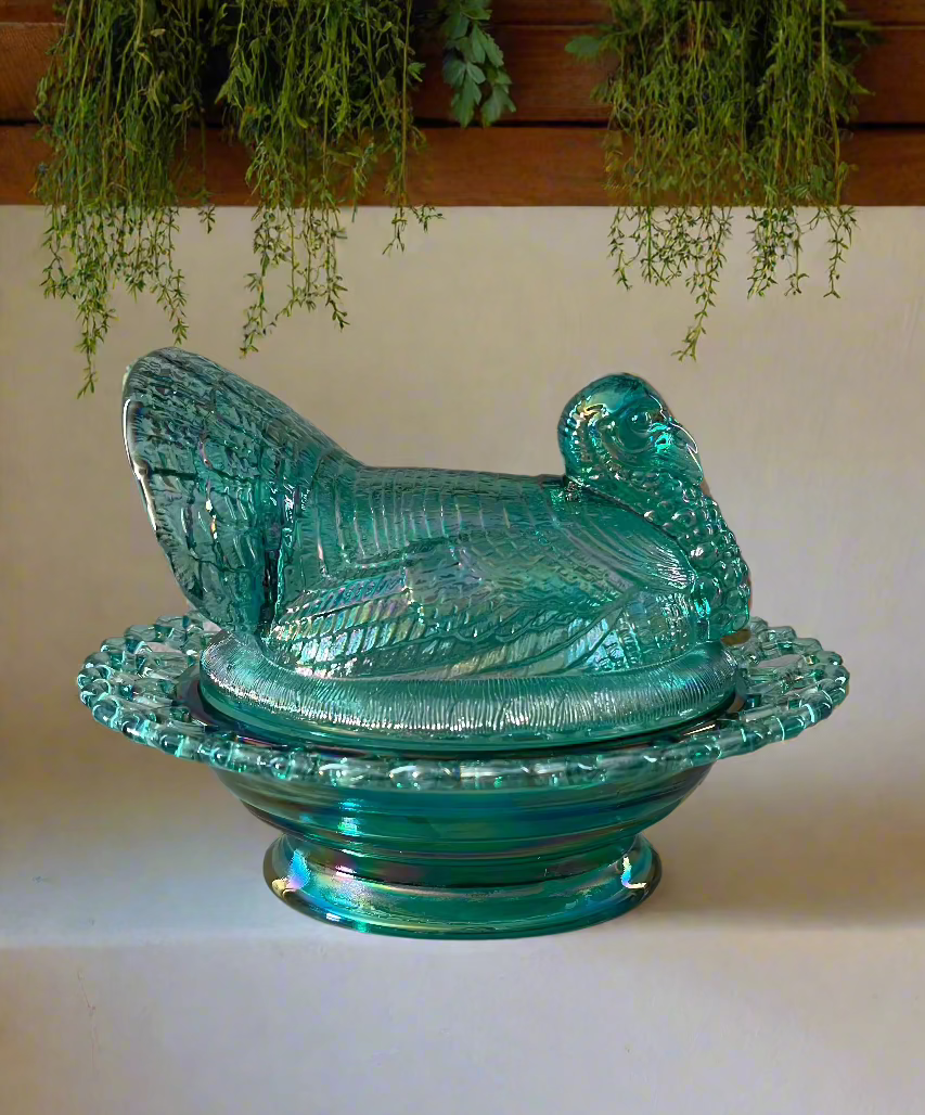 Large Teal Carnival Glass Turkey on Basket Covered Dish